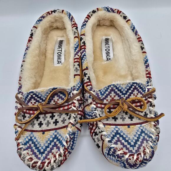 Minnetonka Native American canvas faux fur lining slipper shoes leather bows 9 - Picture 5 of 10